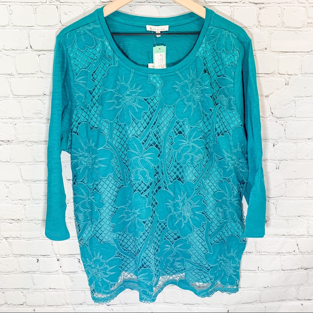 2X Skies Are Blue Teal Floral Crochet Top
